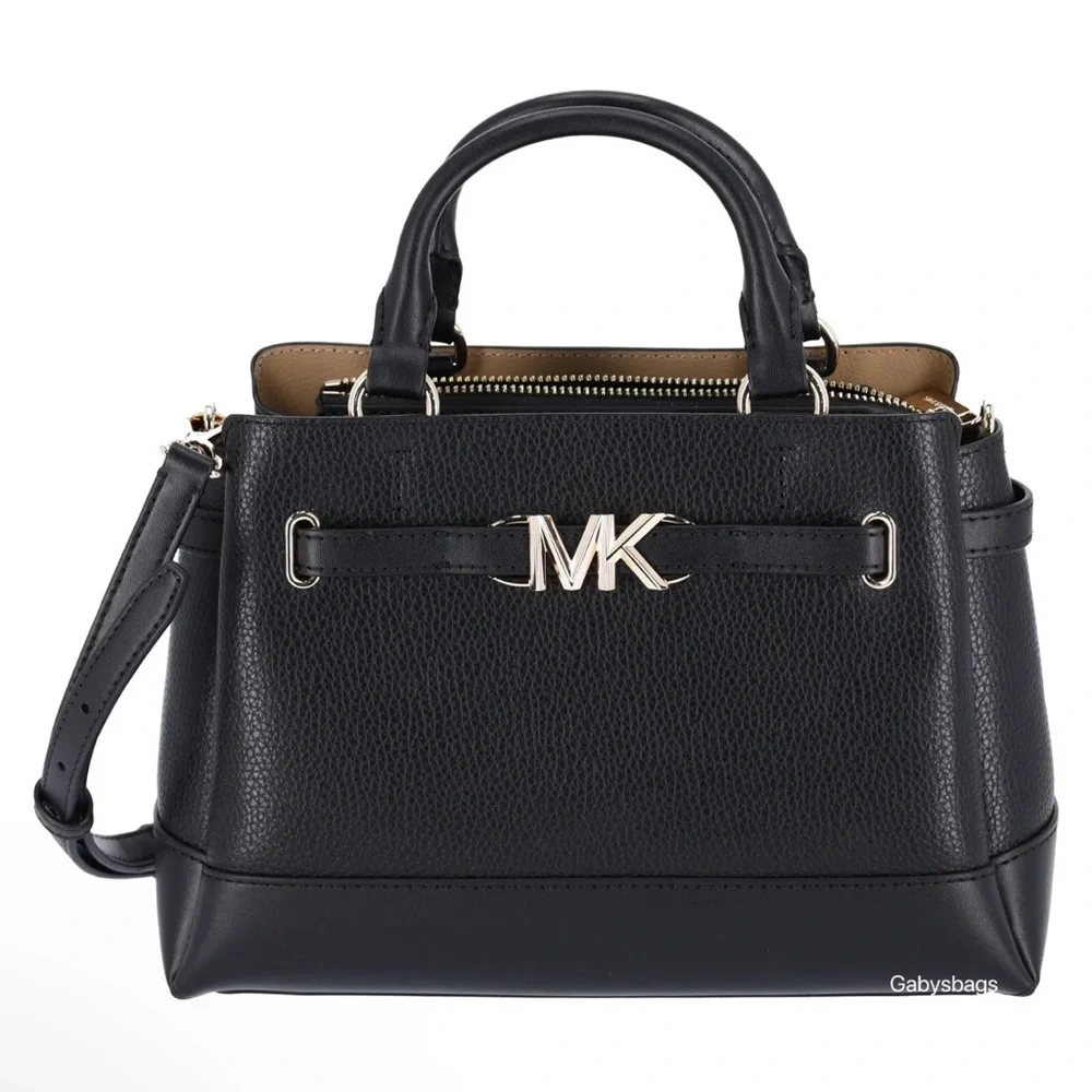 Michael Kors Reed Small Center Zip Logo Belted Satchel Crossbody Black Leather - Picture 2 of 5